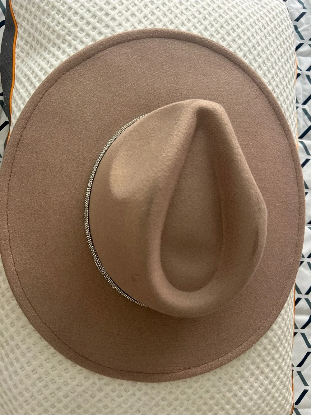 Wide Brim Felt Fedora with Rhinestone Band in Taupe On SALE - Picture 1 of 5
